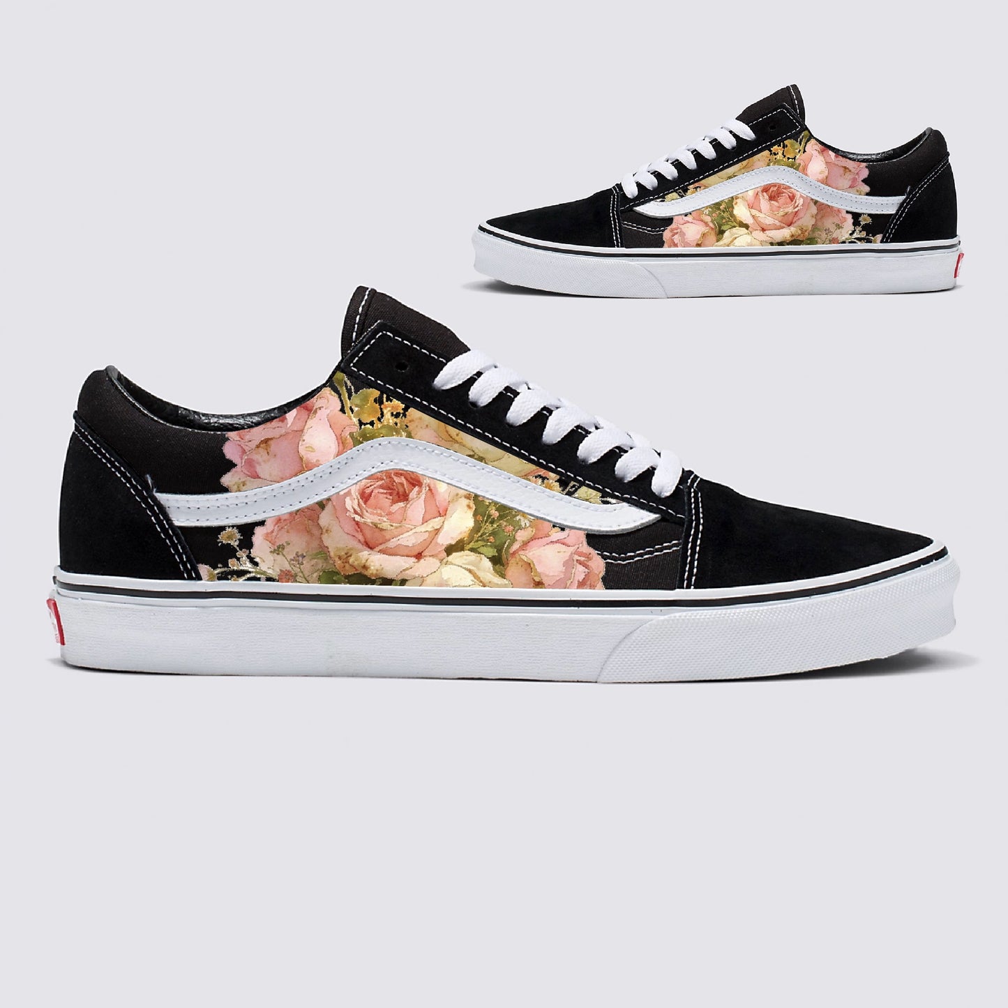 Dreamy Floral Rose Bouquet on Black Vans Old Skool Shoes