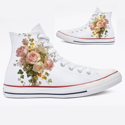 Dreamy Floral Rose Bouquet on White High Top Converse Chuck Taylor Shoes Customized