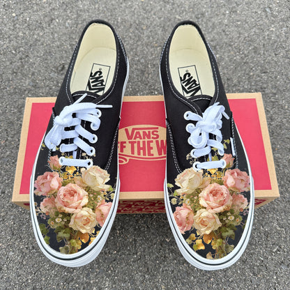 Dreamy Floral Rose Bouquet on Black Vans Authentic Shoes Customized