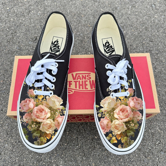 Dreamy Floral Rose Bouquet on Black Vans Authentic Shoes Customized