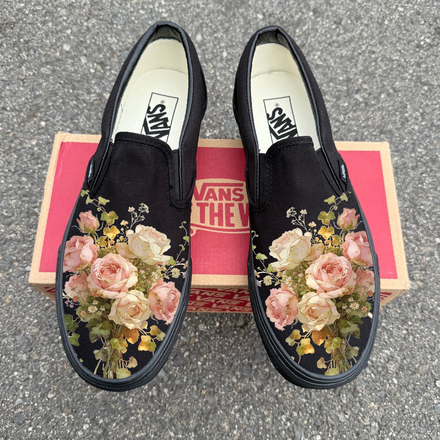 Dreamy Floral Rose Bouquet on Black Slip On Vans