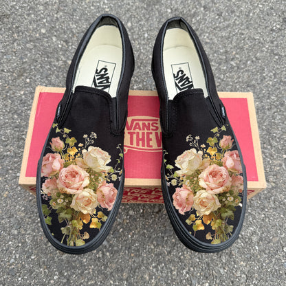 Dreamy Floral Rose Bouquet on Black Slip On Vans