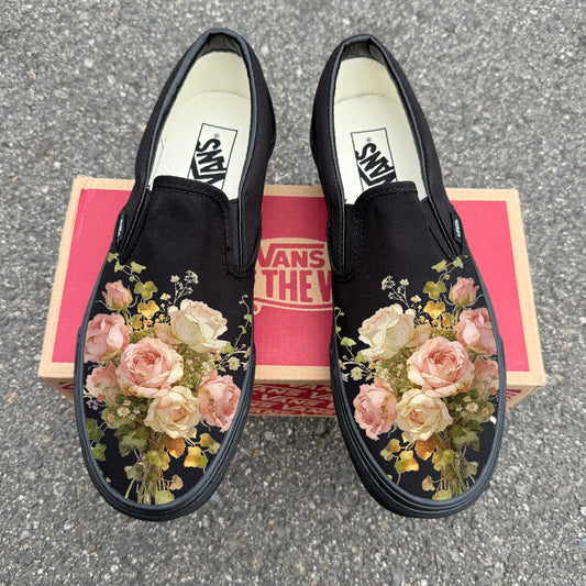 Dreamy Floral Rose Bouquet on Black Slip On Vans