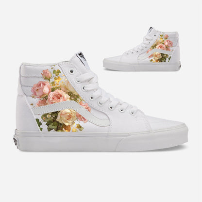 Dreamy Floral Rose Bouquet on White Vans Sk8 Hi Shoes