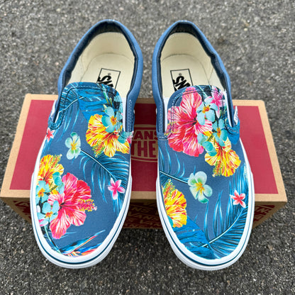 Blue Hawaiian Flowers - Custom Slip Ons - Custom Vans Shoes
