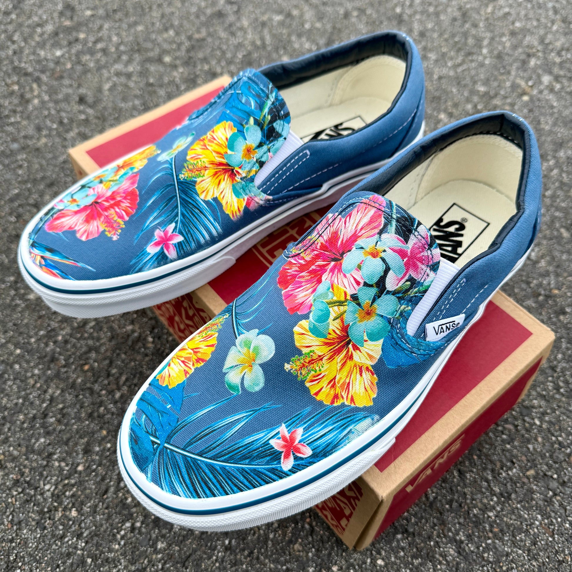 tropical Hawaiian floral navy vans shoes for women and men