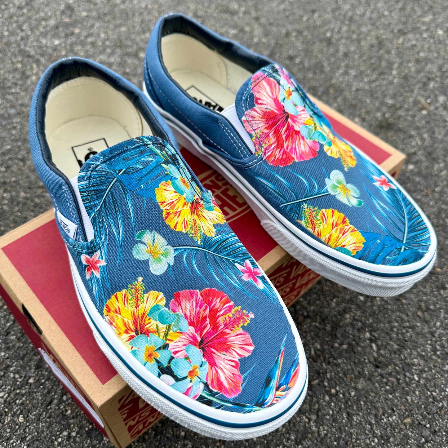 Blue Hawaiian Flowers - Custom Slip Ons - Custom Vans Shoes