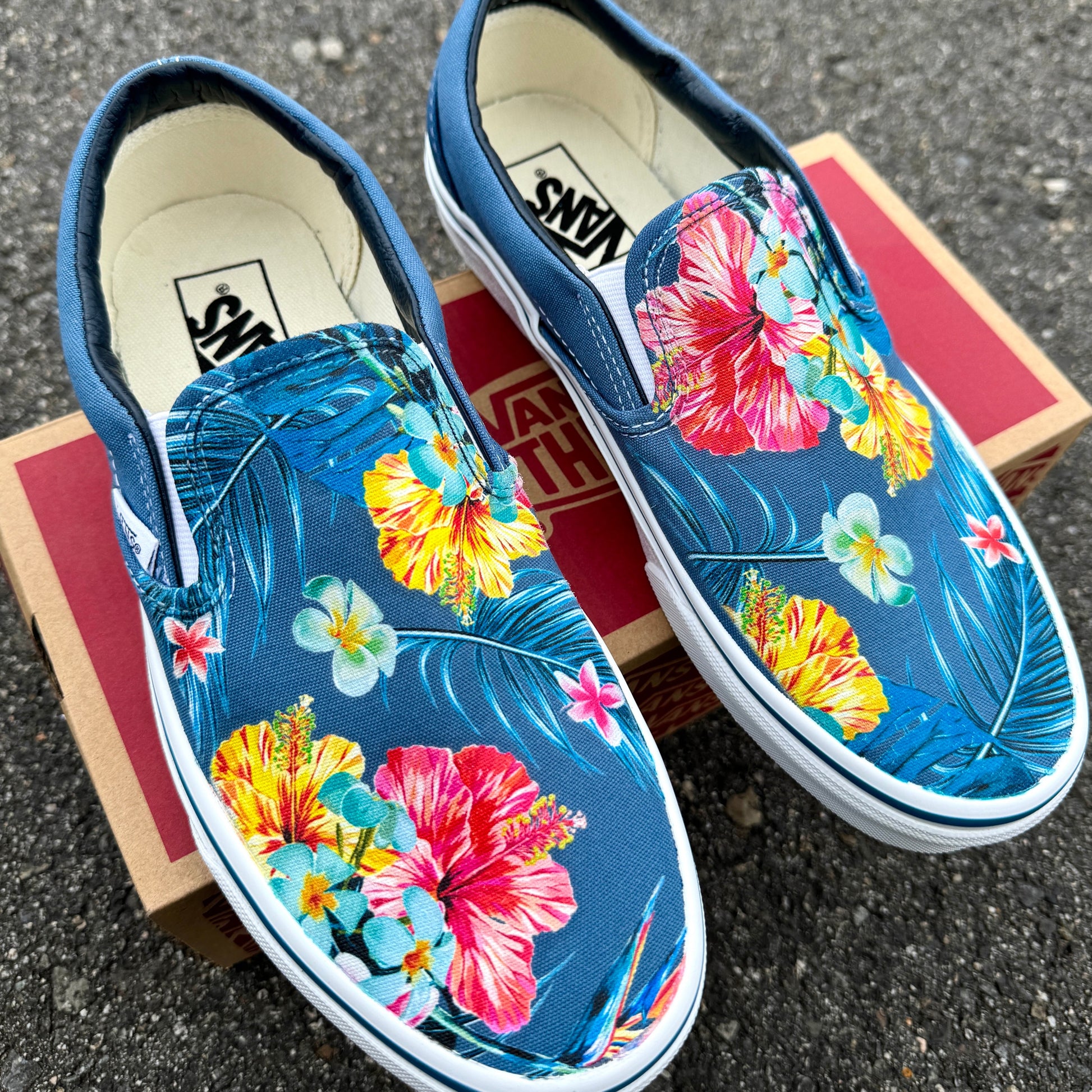 tropical Hawaiian floral navy vans shoes for women and men