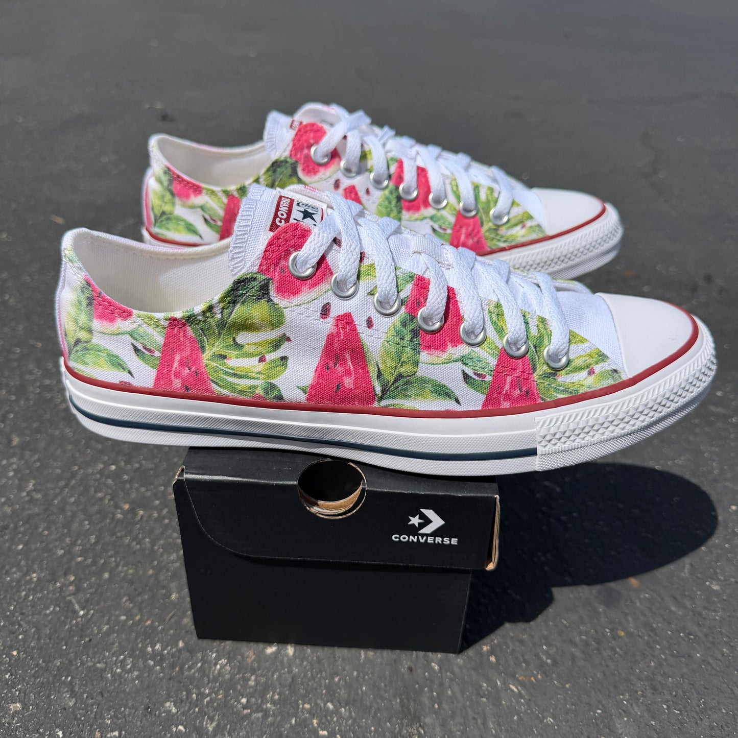 Watermelon Pattern on White Low Top Converse Shoes - Men's and Women's Custom Tie Lace Up Sneakers