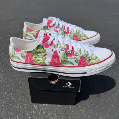 Watermelon Pattern on White Low Top Converse Shoes - Men's and Women's Custom Tie Lace Up Sneakers