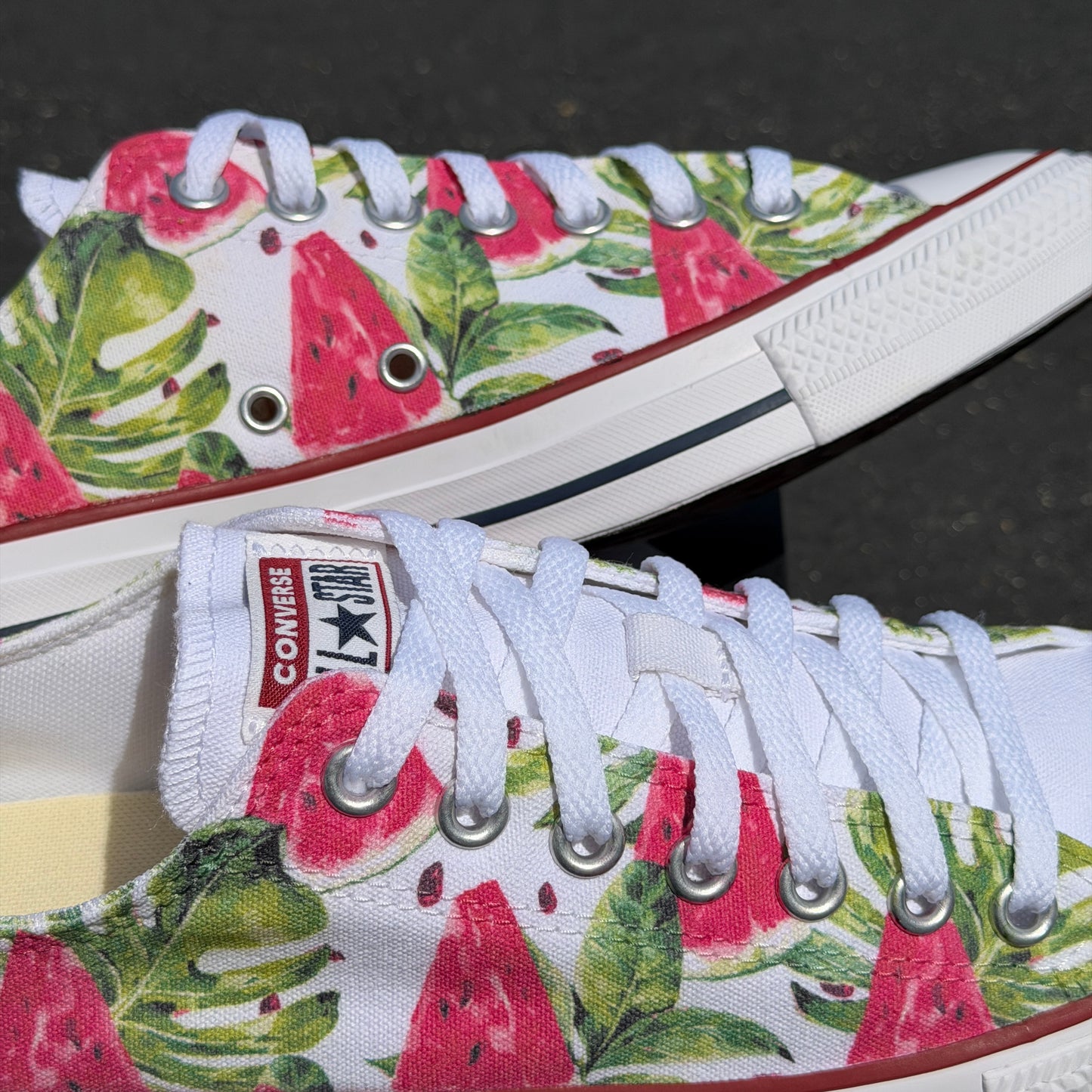 Watermelon Pattern on White Low Top Converse Shoes - Men's and Women's Custom Tie Lace Up Sneakers