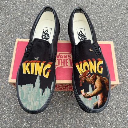 King Kong on All Black Slip On Vans Customized sneakers