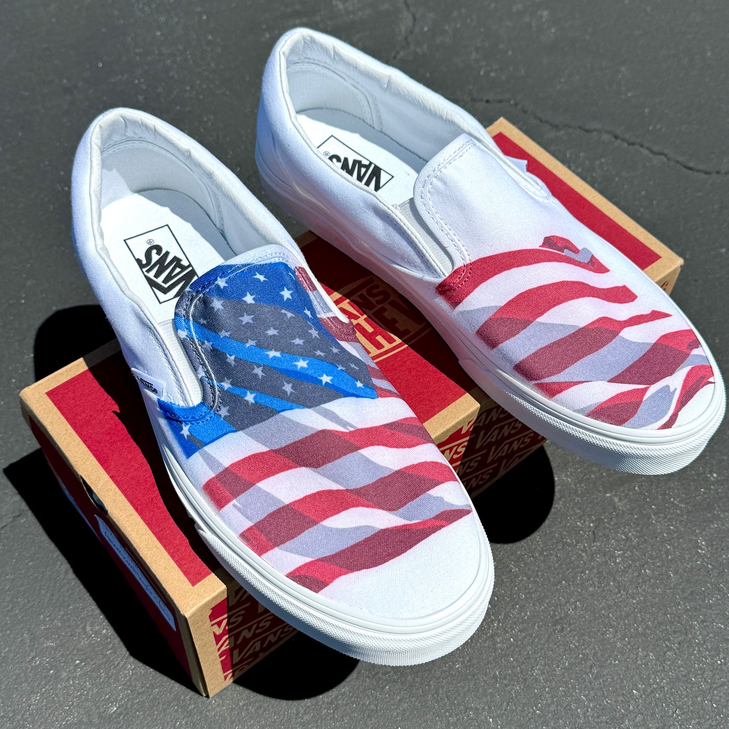 American flag slip on vans shoes for women and men