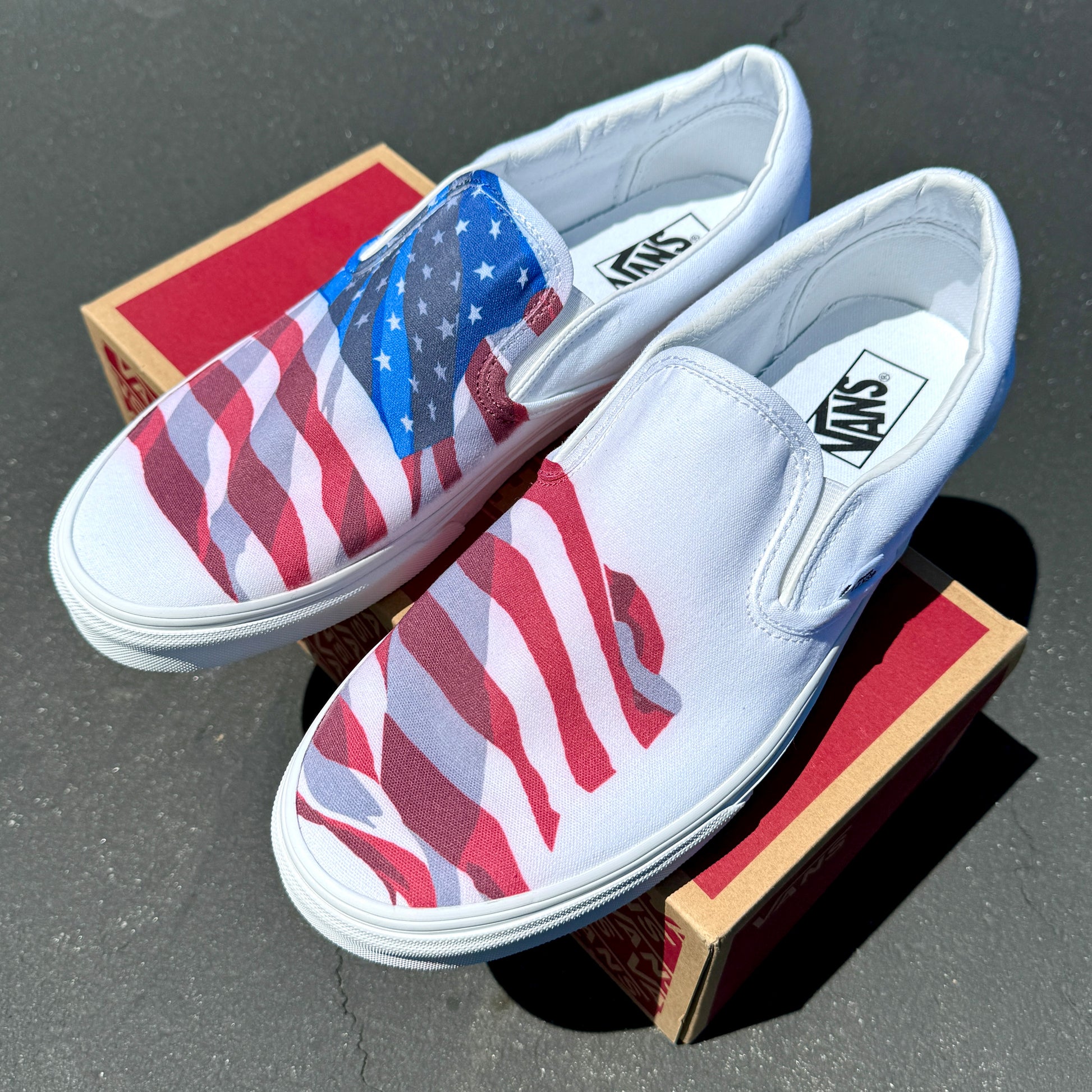 American flag slip on vans shoes for women and men
