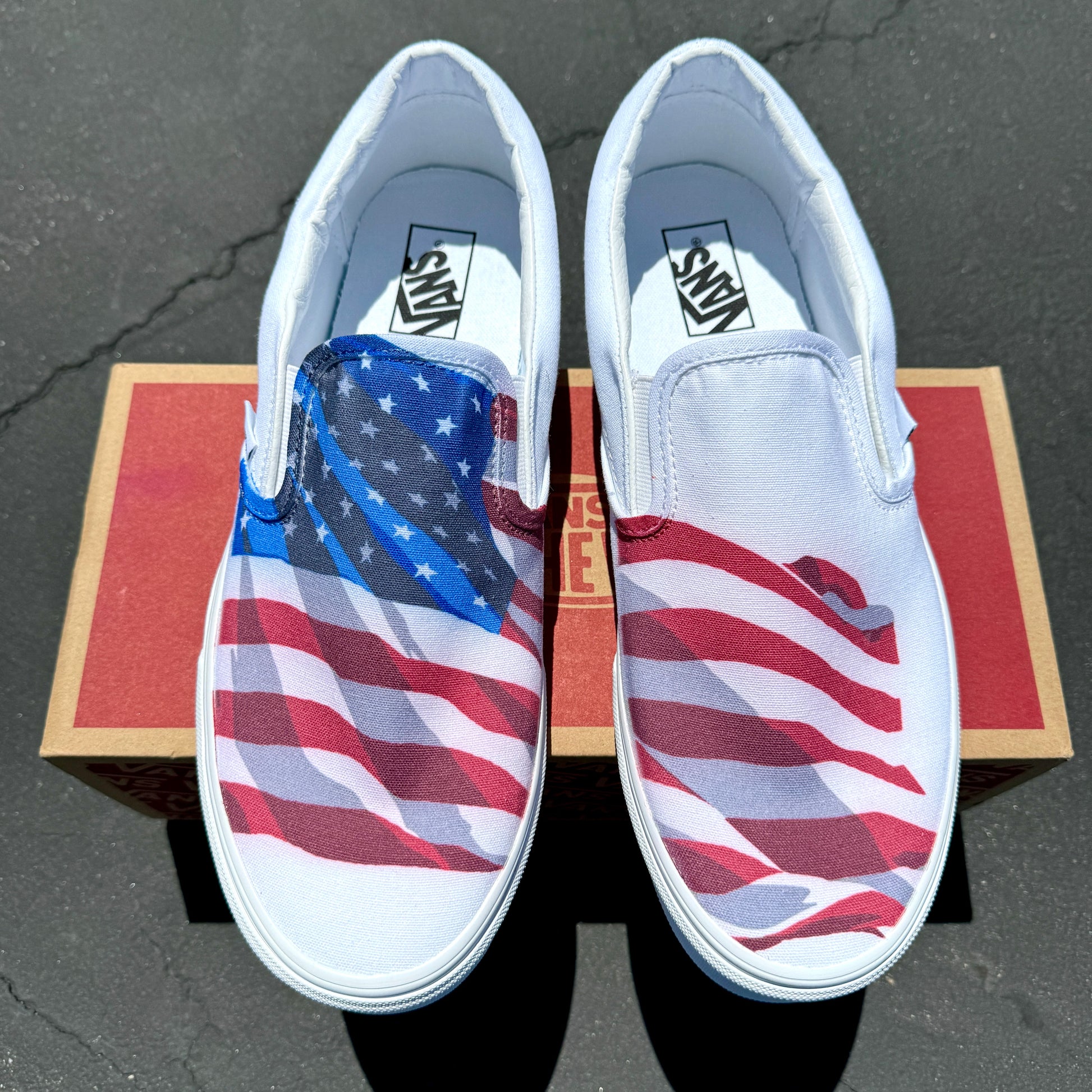 American flag slip on vans shoes for women and men