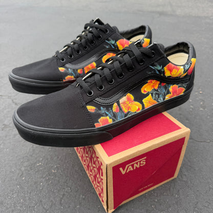 California Poppy Flowers on Black/Black Vans Old Skool Shoes