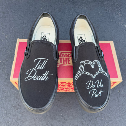 till death do us part skeleton heart hands black slip on vans wedding shoes for groom