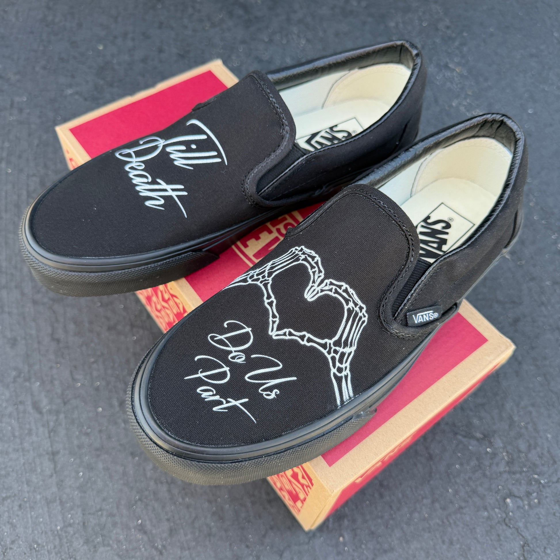till death do us part skeleton heart hands black slip on vans wedding shoes for groom