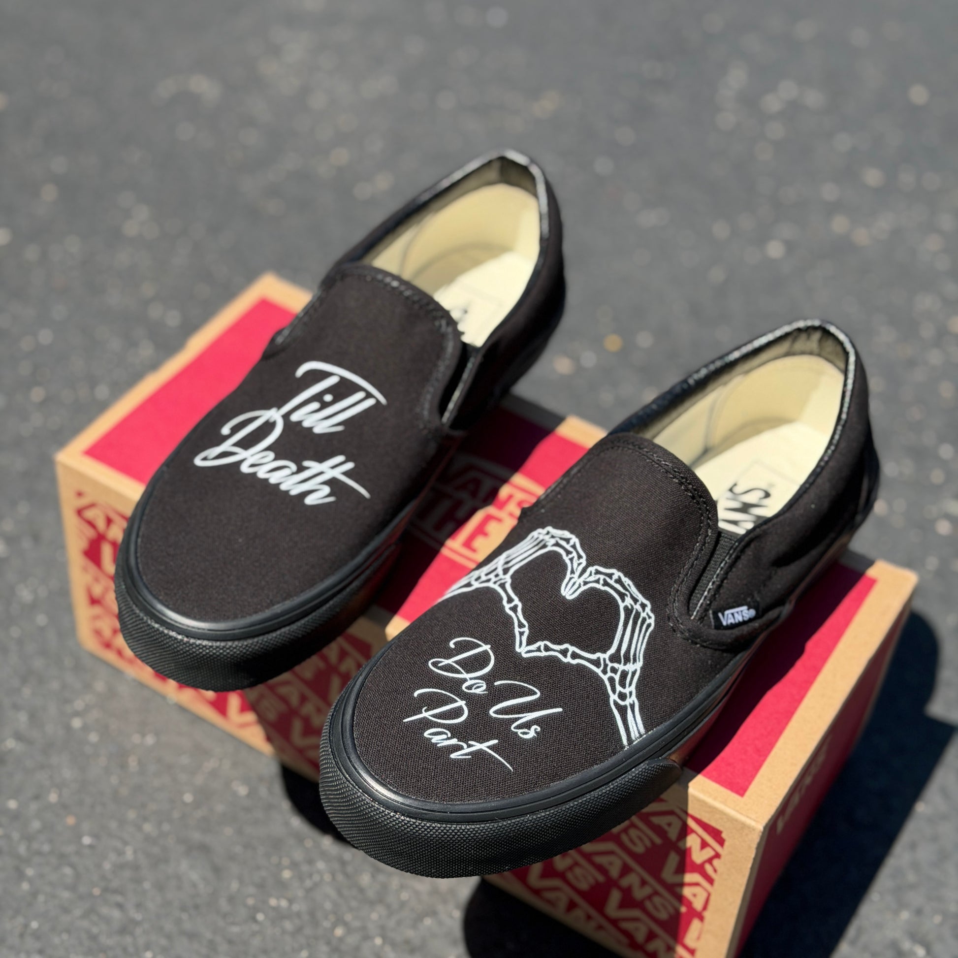 till death do us part skeleton heart hands black slip on vans wedding shoes for groom