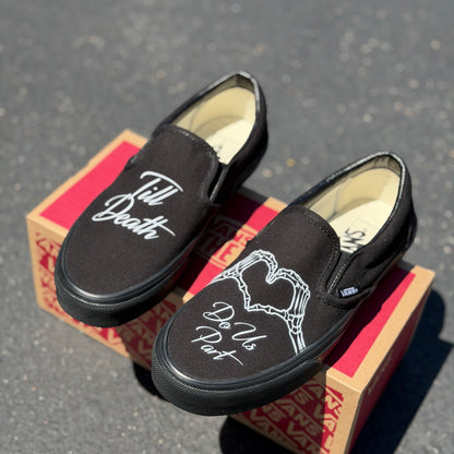 till death do us part skeleton heart hands black slip on vans wedding shoes for groom