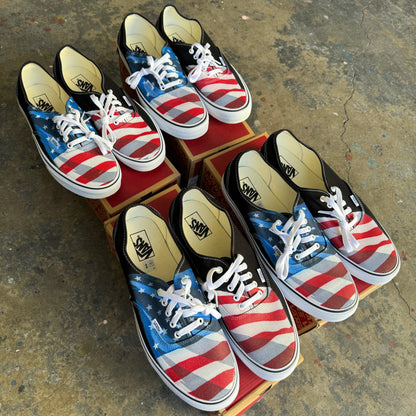 American Flag Patriotic Red White And Blue - Black Custom Vans Shoes