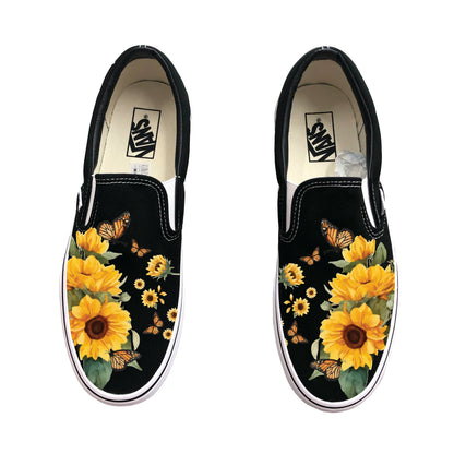 Sunflowers and Butterflies Black Slip On Vans Shoes - Men's and Women's Custom Vans Sneakers