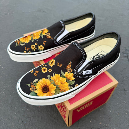 Sunflowers and Butterflies Black Slip On Vans Shoes - Men's and Women's Custom Vans Sneakers