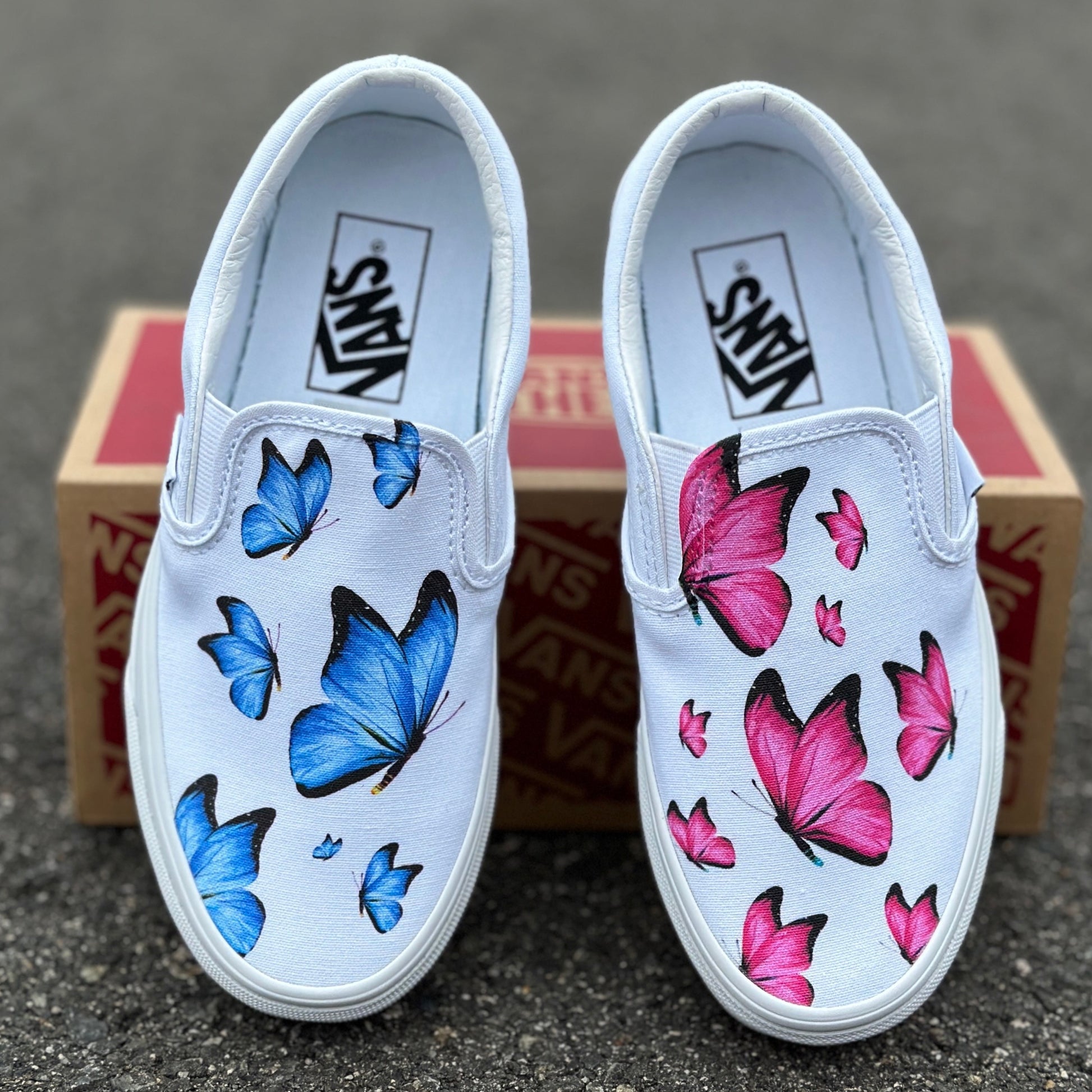 Blue and Pink Butterfly White Slip Ons Custom Vans Shoes