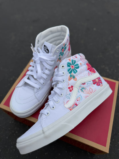Embroidery Inspired White Vans Sk8 Hi Top Shoes