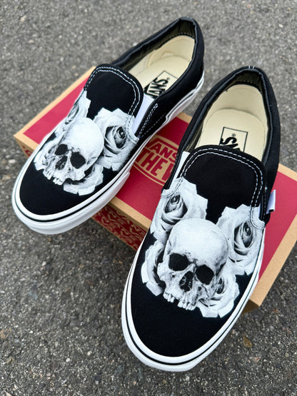 Black and White Skull with Roses Vans Slip On Shoes