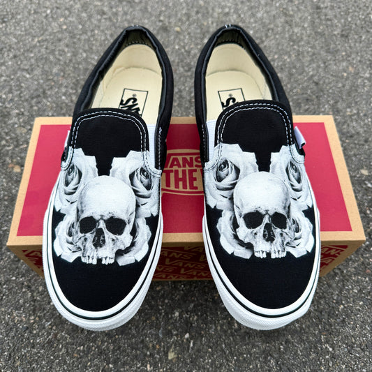 Black and White Skull with Roses Vans Slip On Shoes