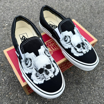 Black and White Skull with Roses Vans Slip On Shoes