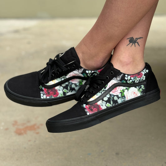 Whimsical Roses on Black/Black Vans Old Skool Shoes - Custom Vans Shoes for Women and Men