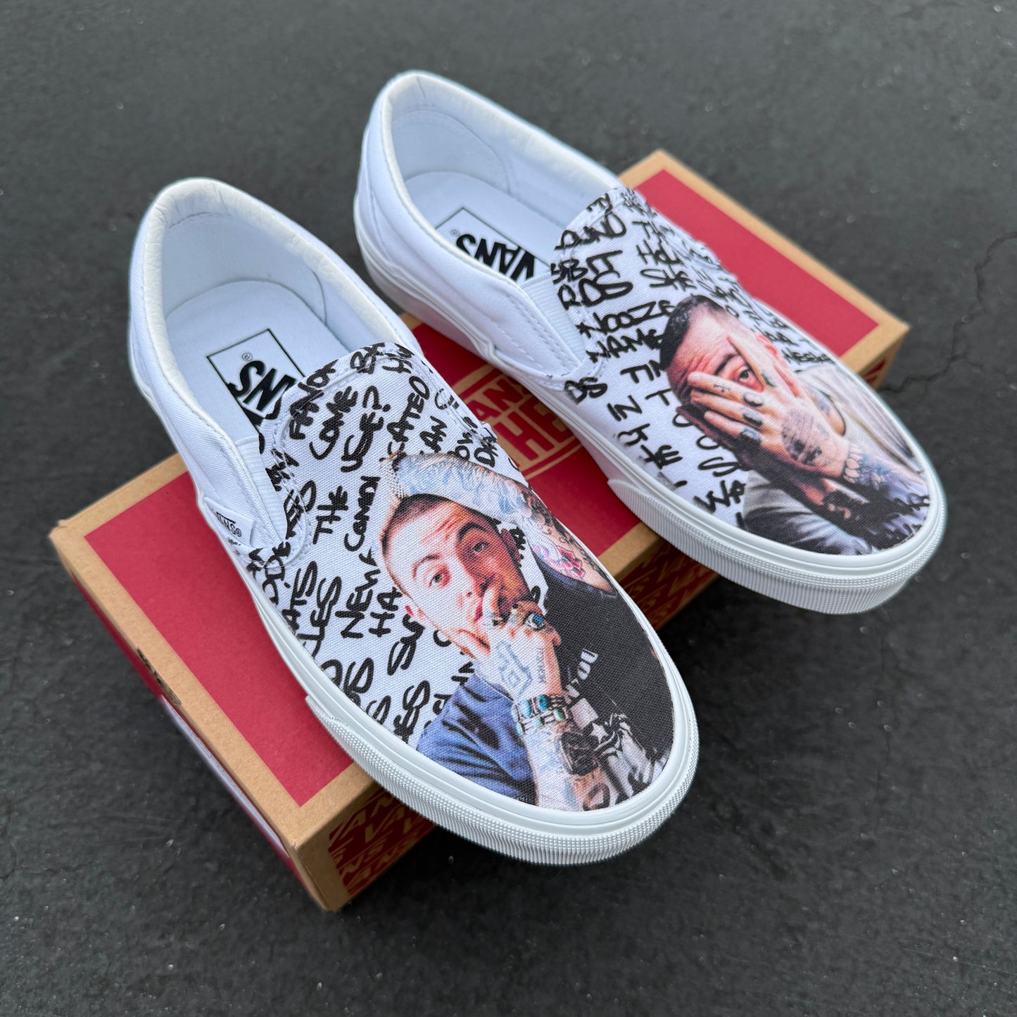 Mac Miller Custom Sneakers - White Slip On Vans Customs