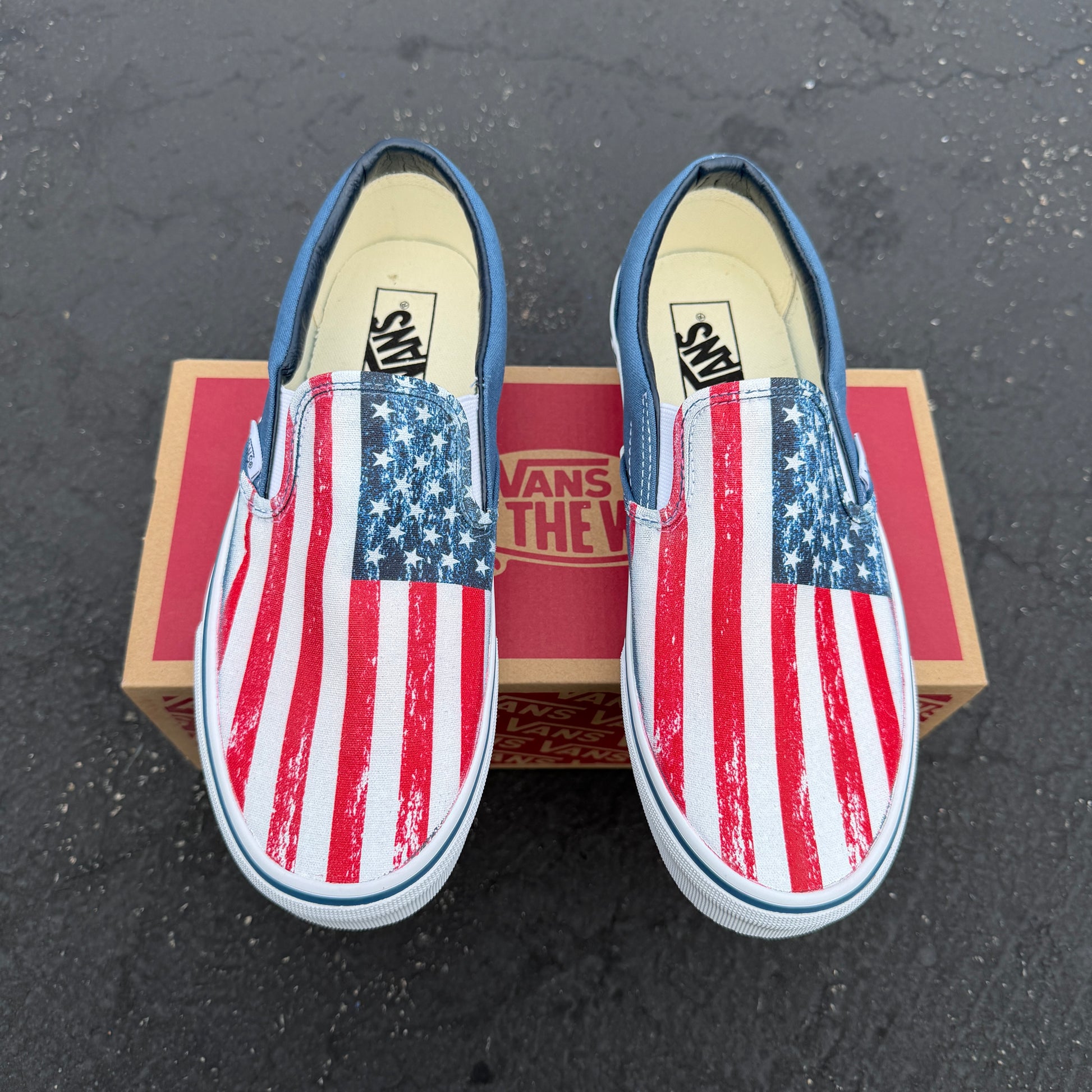 navy slip on vans American flag USA custom shoes