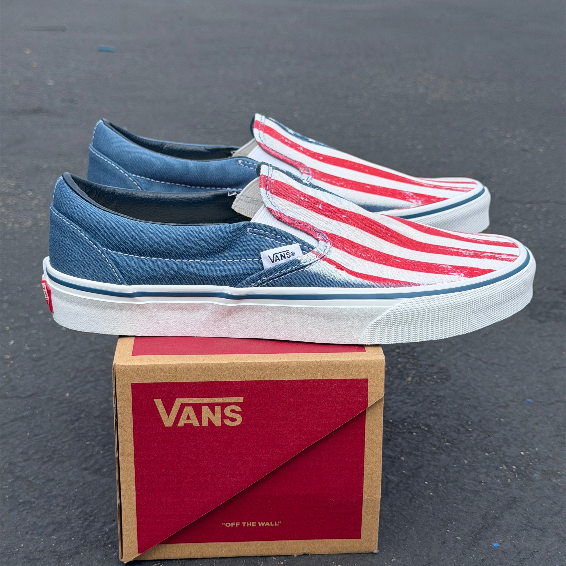 navy slip on vans American flag USA custom shoes