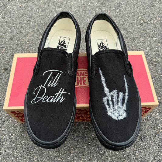 Till Death Custom Wedding Vans Black/Black Slip On Shoes for Men and Women