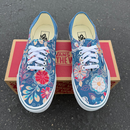 Embroidery Inspired Navy Vans Authentic Shoes - Custom Vans Shoes for Men and Women