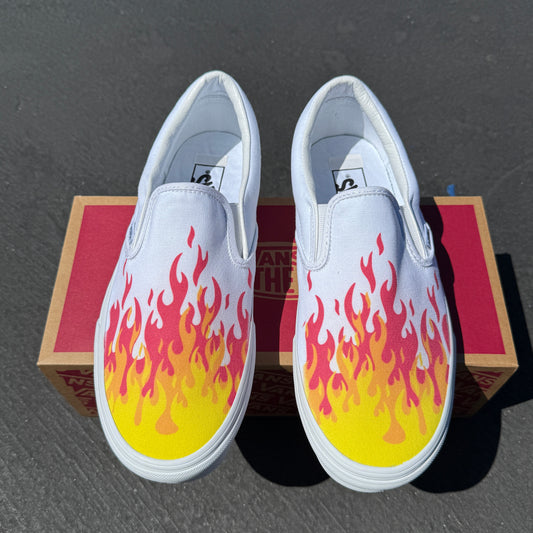 Hot Flame Shoes - Custom Vans White Slip On Flames Shoes