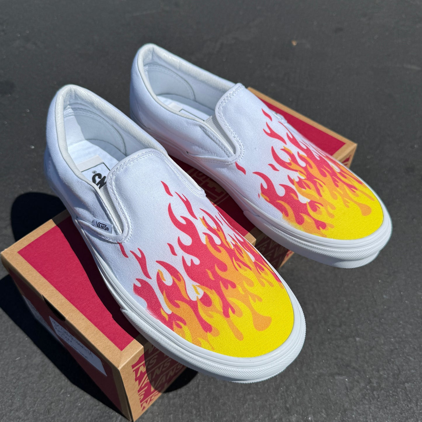 Hot Flame Shoes - Custom Vans White Slip On Flames Shoes