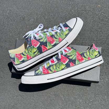 Watermelon Pattern on Navy Low Top Converse Shoes - Men's and Women's Custom Tie Lace Up Sneakers
