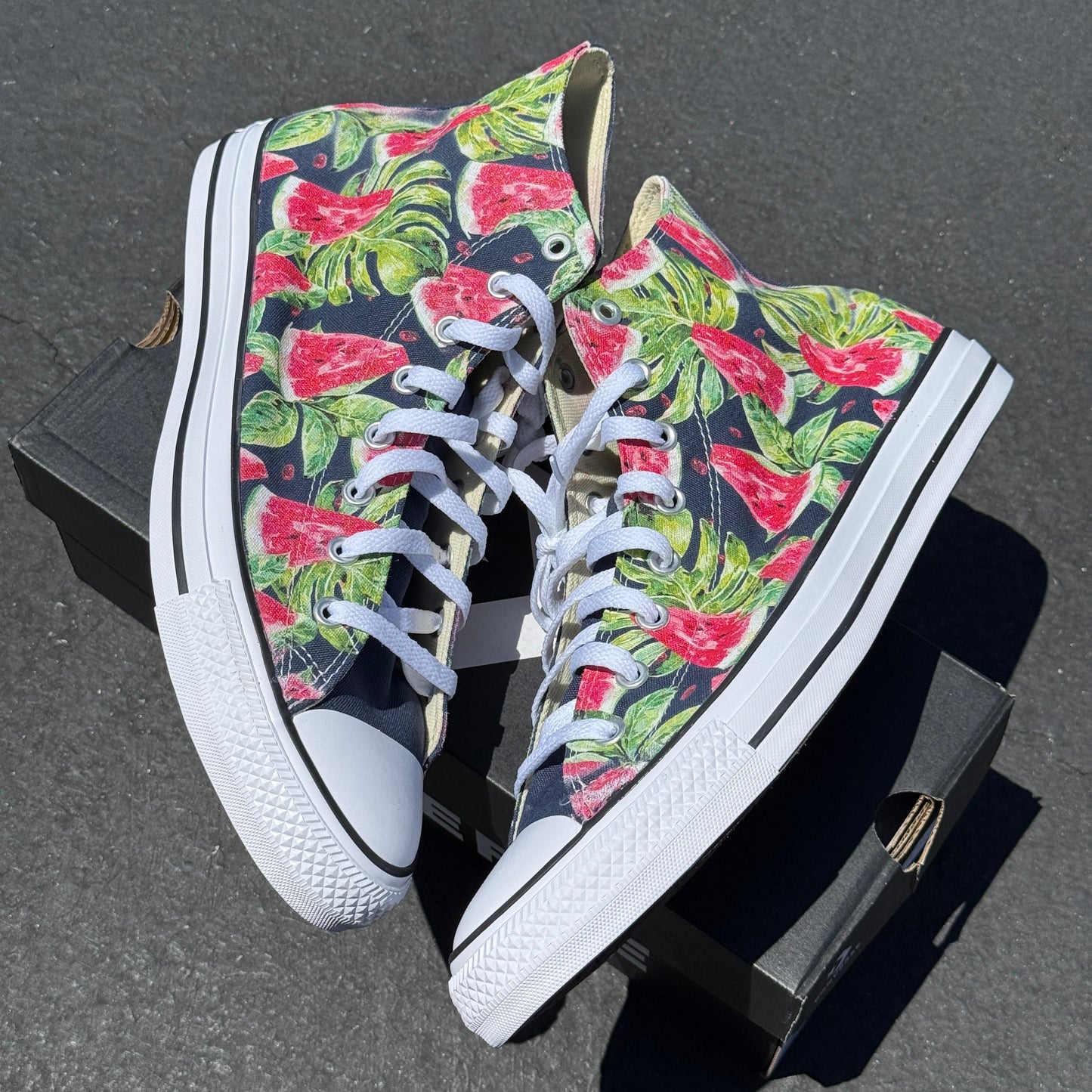 Watermelon Pattern on Navy High Top Converse Shoes - Men's and Women's Custom Tie Lace Up Sneakers