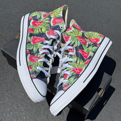 Watermelon Pattern on Navy High Top Converse Shoes - Men's and Women's Custom Tie Lace Up Sneakers
