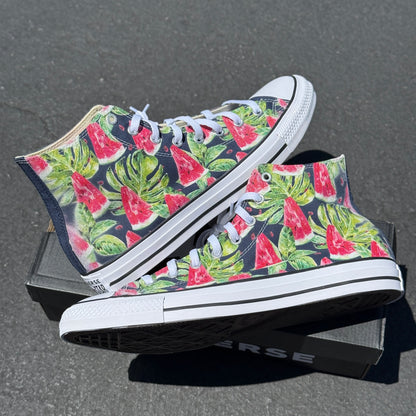 Watermelon Pattern on Navy High Top Converse Shoes - Men's and Women's Custom Tie Lace Up Sneakers