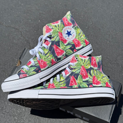 Watermelon Pattern on Navy High Top Converse Shoes - Men's and Women's Custom Tie Lace Up Sneakers