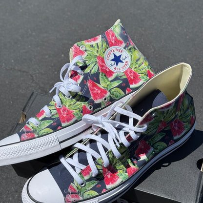 Watermelon Pattern on Navy High Top Converse Shoes - Men's and Women's Custom Tie Lace Up Sneakers