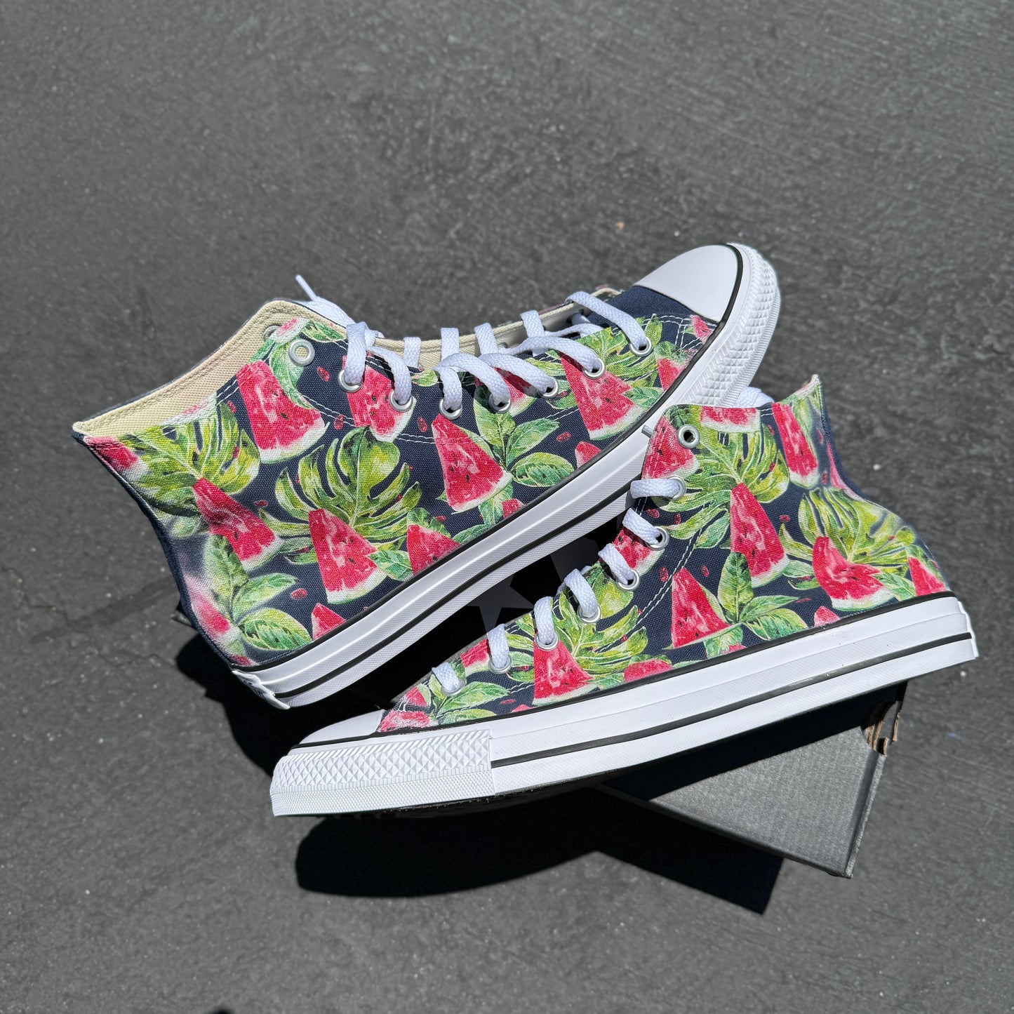 Watermelon Pattern on Navy High Top Converse Shoes - Men's and Women's Custom Tie Lace Up Sneakers