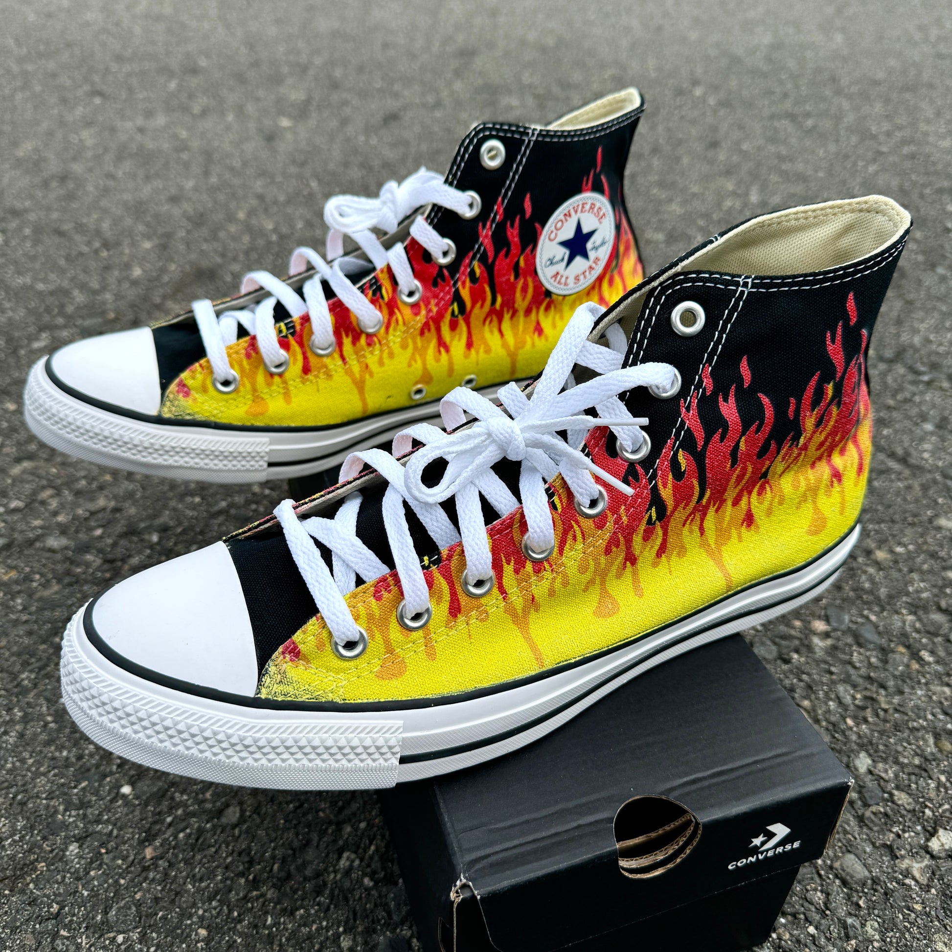 custom flames converse high top shoes