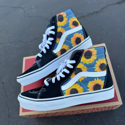 Sunflowers on Navy Vans Sk8-Hi Shoes