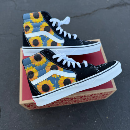 Sunflowers on Navy Vans Sk8-Hi Shoes